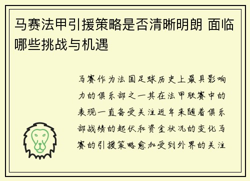 马赛法甲引援策略是否清晰明朗 面临哪些挑战与机遇