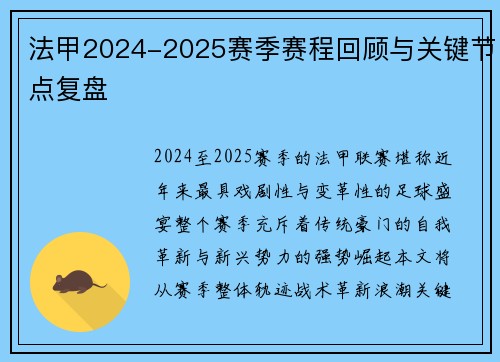 法甲2024-2025赛季赛程回顾与关键节点复盘